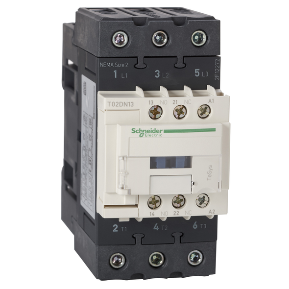 Schneider Electric T02DN13LE7 Contactor, Tesys N Contactors, nonreversing, 3P, 3phase, 45A, 25HP at 460VAC, NEMA size 2, 208VAC 50/60Hz coil, open