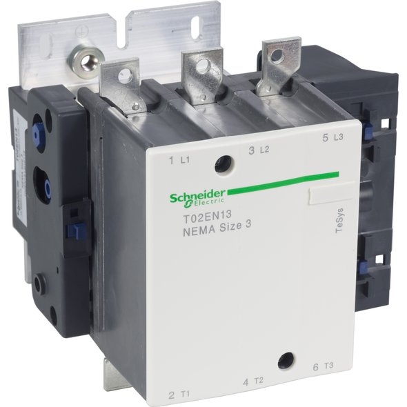 Schneider Electric T02EN13L7 NEMA Contactor, TeSys N, nonreversing, Size 3, 90A, 50HP at 460VAC, 3 pole, 3 phase, 208VAC 50/60Hz coil, open