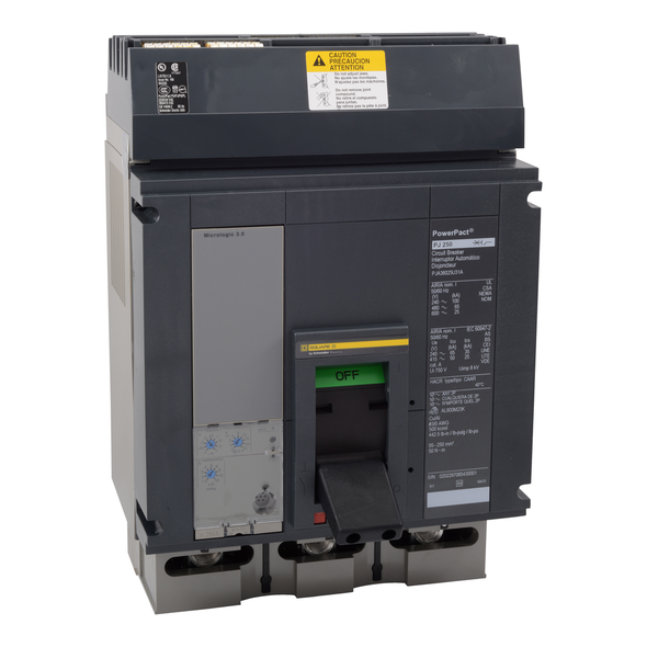 Schneider Electric PLA34080U33A Circuit breaker, PowerPacT P, 800A, 3 pole, 600VAC, 25kA, I-Line, Micrologic 5.0, 80%