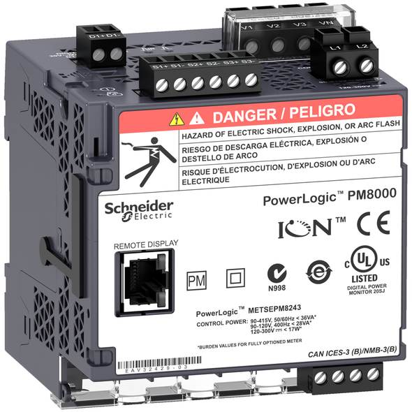 Schneider Electric METSEPM8113 Power quality meter, PowerLogic PM8000, Essential, transducer, 64MB, 128s/c