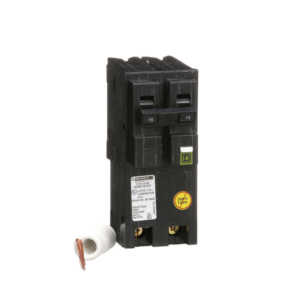 Schneider Electric HOM215CAFI Mini circuit breaker, Homeline, 15A, 2 pole, 120VAC, 10kA AIR, combo arc fault, pigtail neutral, plug in, UL