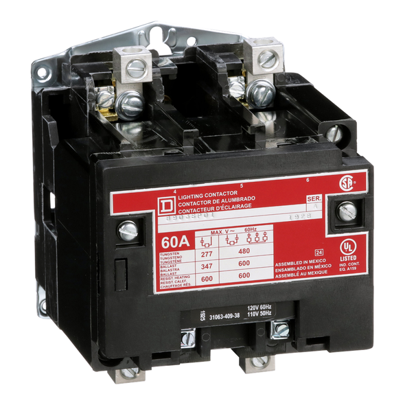 Schneider Electric 8903SPO1V02 Contactor, Type S, multipole lighting, electrically held, 60A, 2 pole, 110/120VAC 50/60Hz coil, open style