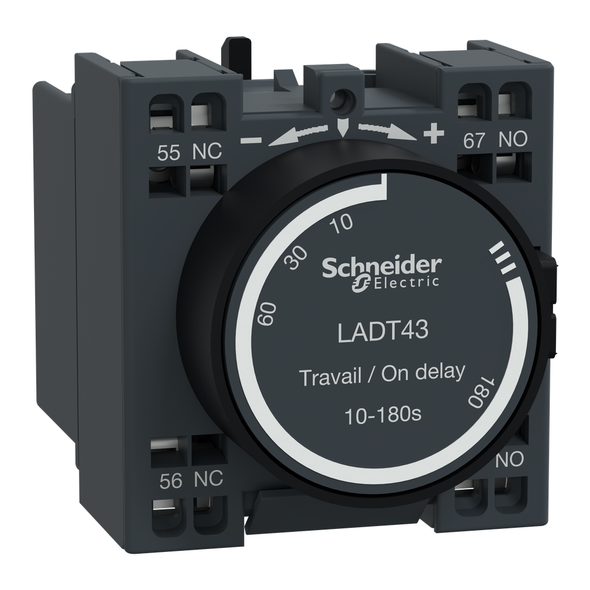 Schneider Electric LADT43 Time delay auxiliary contact block, TeSys Deca, 1NO + 1NC, on delay 10-180s, front, spring terminals