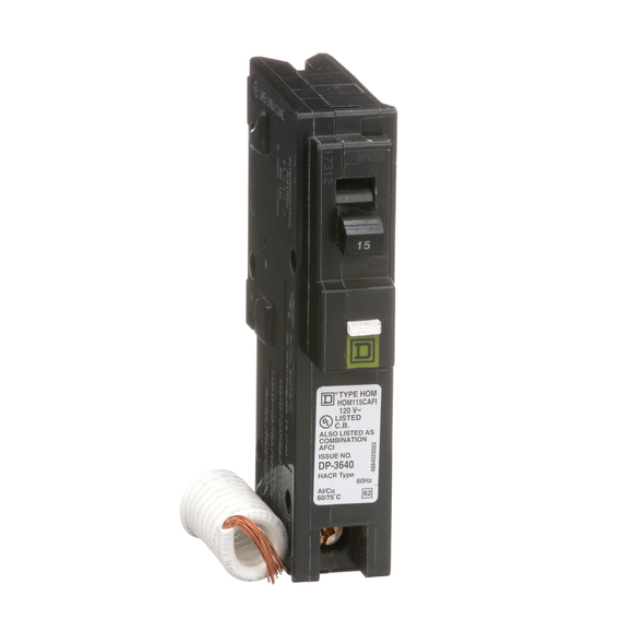 Schneider Electric HOM115CAFI Mini circuit breaker, Homeline, 15A, 1 pole, 120VAC, 10kA AIR, combo arc fault, pigtail neutral, plug in, UL