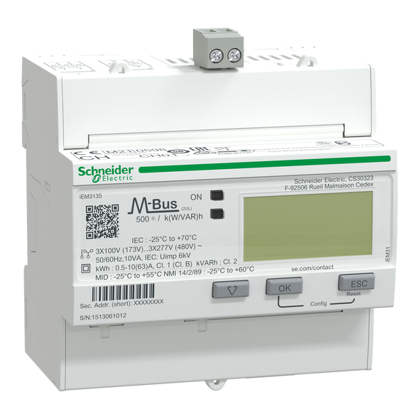 Schneider Electric A9MEM3135 iEM3135 energy meter - 63 A - M-bus - 1 digital I - 1 digital O - multi-tariff - MID