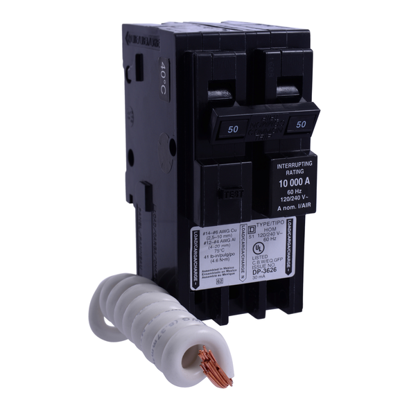 Schneider Electric HOM250EPD Mini circuit breaker, Homeline, 50A, 2 pole, 120/240VAC, 10kA AIR, ground fault class B, plug in, UL