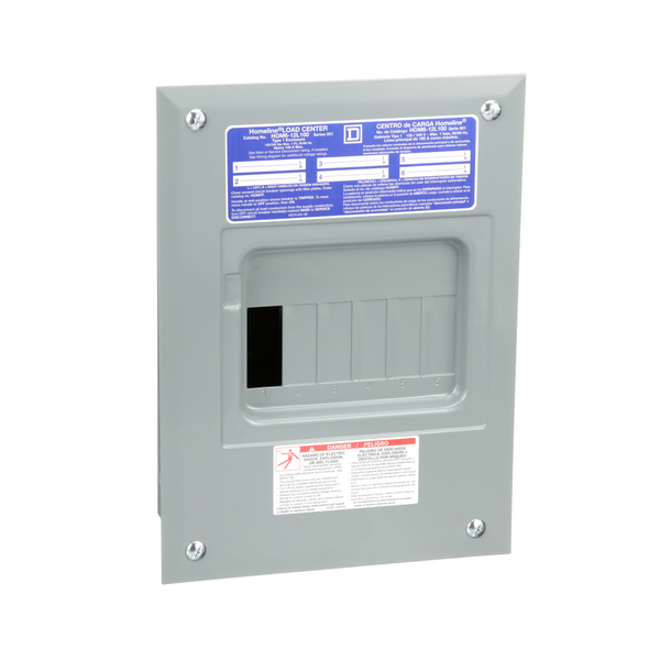 Schneider Electric HOM612L100F Load center, Homeline, 1 phase, 6 spaces, 12 circuits, 100A fixed main lugs, NEMA1, flush cover