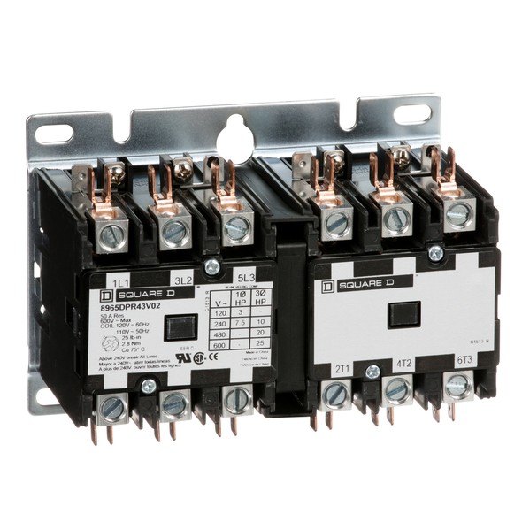 Schneider Electric 8965DPR43V02 Reversing Hoist Contactor, 40A, 3 pole, 110/120VAC 50/60Hz coil, open style