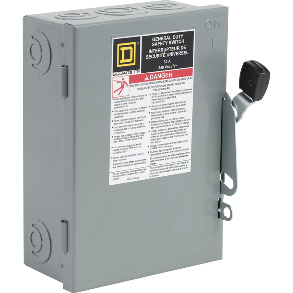 Schneider Electric CD221NCP Safety switch, general duty, fusible, 30A, 120/240 VAC, 2 poles, 7.5 hp, solid neutral, NEMA 1, consumer packaging