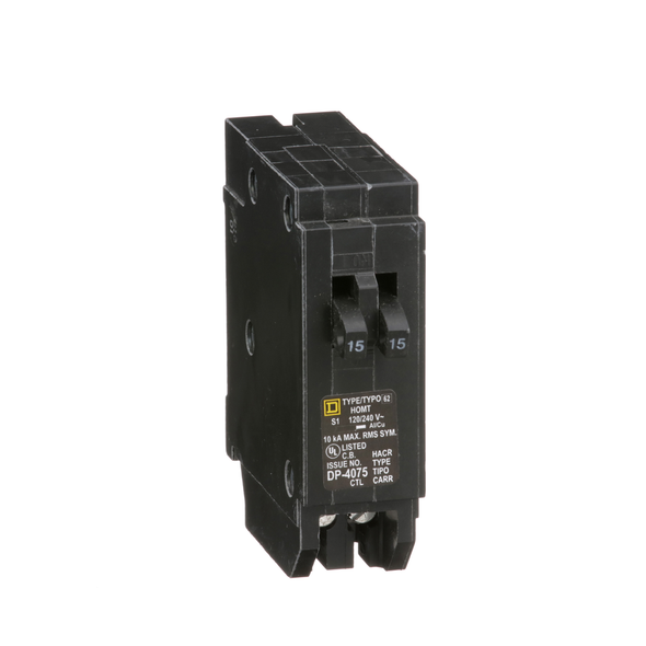 Schneider Electric HOMT1515 Tandem circuit breaker, Homeline, 2 x 1 pole at 15A, 120/240VAC, 10kA AIR, plug in, UL