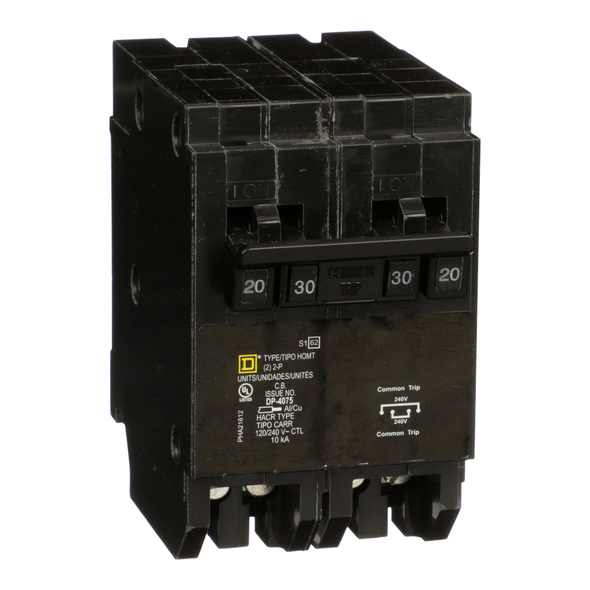 Schneider Electric HOMT220230 Quad tandem circuit breaker, Homeline, 1 x 2 pole at 20A, 1 x 2 pole at 30A, 120/240 V, 10kA AIR, plug in, UL