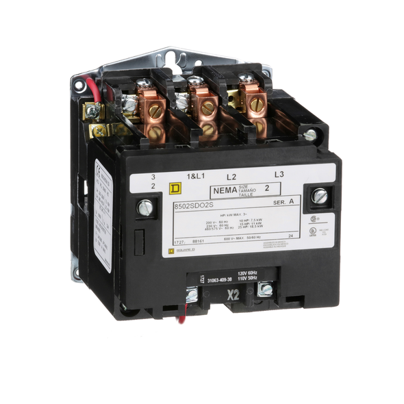 Schneider Electric 8502SDO2V03 NEMA Contactor, Type S, nonreversing, Size 2, 45A, 25 HP at 575 VAC, 3 phase, up to 100 kA, 3 pole, 240 VAC coil, open