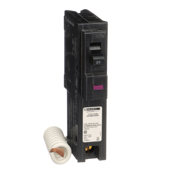 Schneider Electric CHOM120DF Mini circuit breaker, Homeline, 20A, 1 pole, 120VAC, 10kA AIR, combo ARC/ground fault, plug in, UL