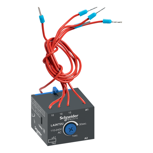 Schneider Electric LA2KT2U Electronic time delay auxiliary contact block, TeSys K, 1C/O, on delay 1-30s, front, control 110...240V AC
