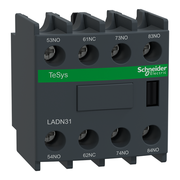 Schneider Electric LADN31 TeSys Deca, auxiliary contact block, 3 NO and 1 NC, top mount, screw clamp terminals, for LC1D09 to LC1D150 contactors