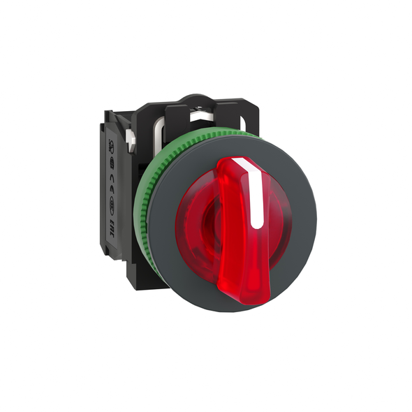 Schneider Electric XB5FK134B5 Illuminated selector switch, Harmony XB5, grey plastic, red handle, 30mm, universal LED, 3 positions, 1NO + 1NC, 24V AC DC