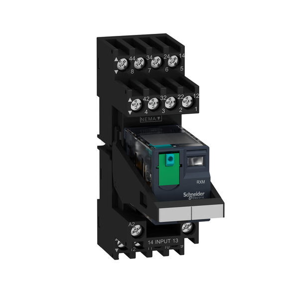 Schneider Electric RXM4AB1BDPVM miniature plug in relay pre assembled, Harmony Electromechanical Relays, 6A, 4CO, lockable test but to n, mixed terminals socket, 24V DC