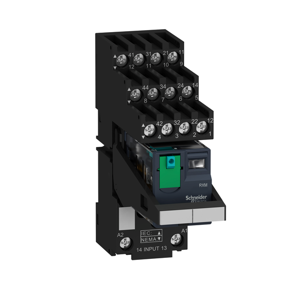 Schneider Electric RXM4AB1BDPVS miniature plug in relay pre assembled, Harmony Electromechanical Relays, 6A, 4CO, lockable test but to n, separate terminals socket, 24V DC