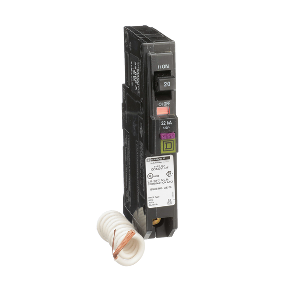 Schneider Electric QO120VHDF Mini circuit breaker, QO, 20A, 1 pole, 120VAC, 22kA, plug in, dual function, pigtail