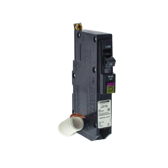 Schneider Electric QOB115DF Mini circuit breaker, QO, 15A, 1 pole, 120VAC, 10kA, bolt on, dual function, pigtail