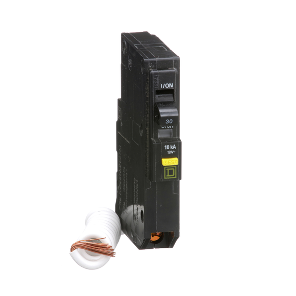 Schneider Electric QO130GFI Mini circuit breaker, QO, 30A, 1 pole, 120VAC, 10kA, plug in, 6mA grd fault A, pigtail