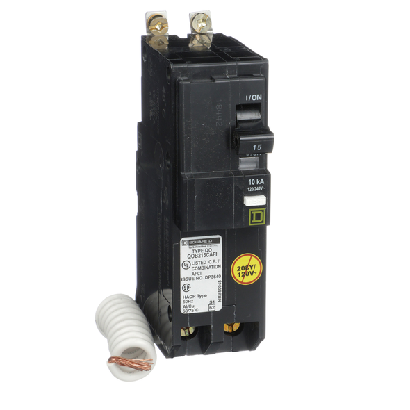 Schneider Electric QOB215CAFI Mini circuit breaker, QO, 15A, 2 pole, 120/240VAC, 10kA, bolt on, combo ARC fault, pigtail