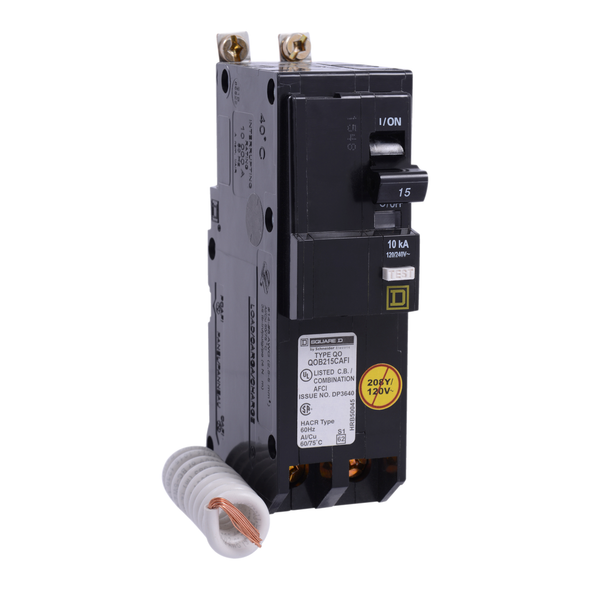 Schneider Electric QOB215VHCAFI Mini circuit breaker, QO, 15A, 2 pole, 120/240VAC, 22kA, bolt on, combo ARC fault, pigtail