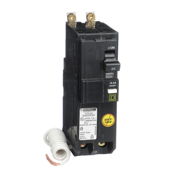 Schneider Electric QOB220CAFI Mini circuit breaker, QO, 20A, 2 pole, 120/240VAC, 10kA, bolt on, combo ARC fault, pigtail