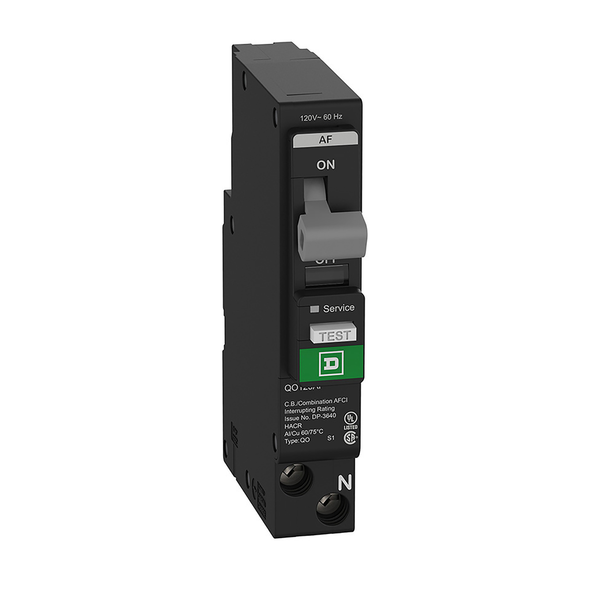 Schneider Electric QO115VHPAF Mini circuit breaker, QO, 15A, 1 pole, 120VAC, 22kA, plug in, combo ARC fault, plug on neutral