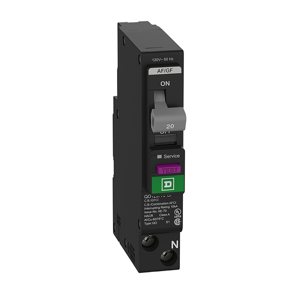 Schneider Electric QO120PAFGFC Mini circuit breaker, QO, 20A, 1 pole, 120VAC, 10kA, plug in, combo ARC fault, 6mA grd fault A, plug on neutral, clam