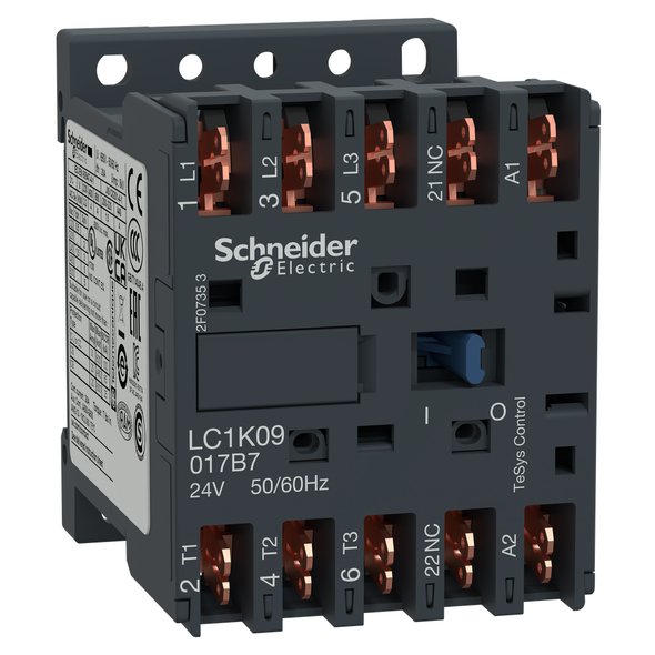 Schneider Electric LC1K09017B7 Contactor, TeSys K, 3P, AC-3, lt or eq to 440V 9A, 1 NC aux., 24VAC coil