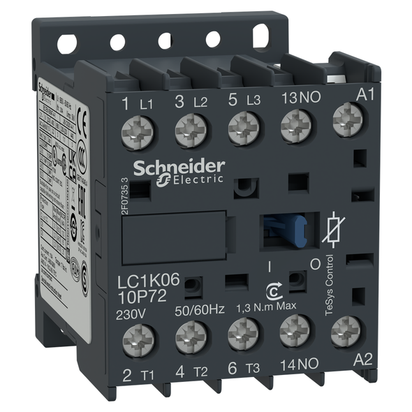 Schneider Electric LC1K0610F72 Contactor, TeSys K, 3P, AC-3, lt or eq to 440V 6A, 1 NO aux., 110VAC coil