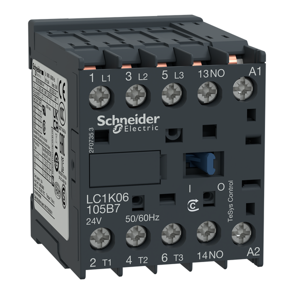 Schneider Electric LC1K06105B7 Contactor, TeSys K, 3P, AC-3, lt or eq to 440V 6A, 1 NO aux., 24VAC coil