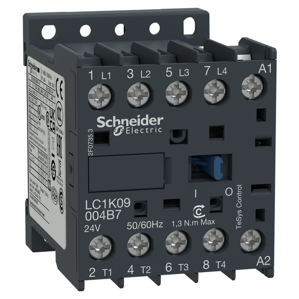 Schneider Electric LC1K09004B7 Contactor, TeSys K, 4P, 4 NO, AC-1, lt or eq to 440V 10A, 24VAC coil