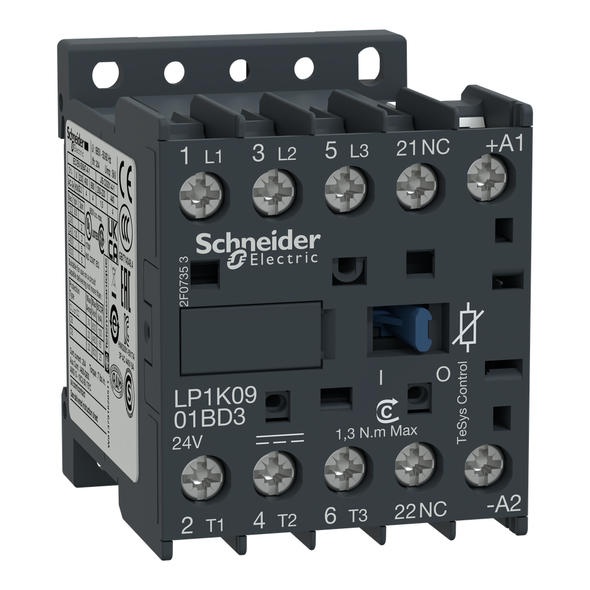 Schneider Electric LP1K1201BD3 Contactor, TeSys K, 3P, AC-3, lt or eq to 440V, 12A, 1 NC aux, 24VDC coil