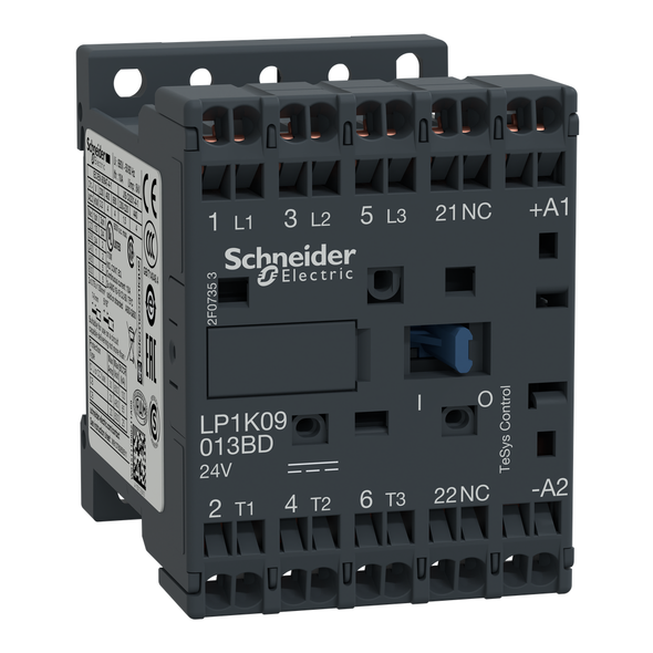 Schneider Electric LP1K09013BD Contactor, TeSys K, 3P, AC-3, lt or eq to 440V, 9A, 1 NC aux, 24VDC coil