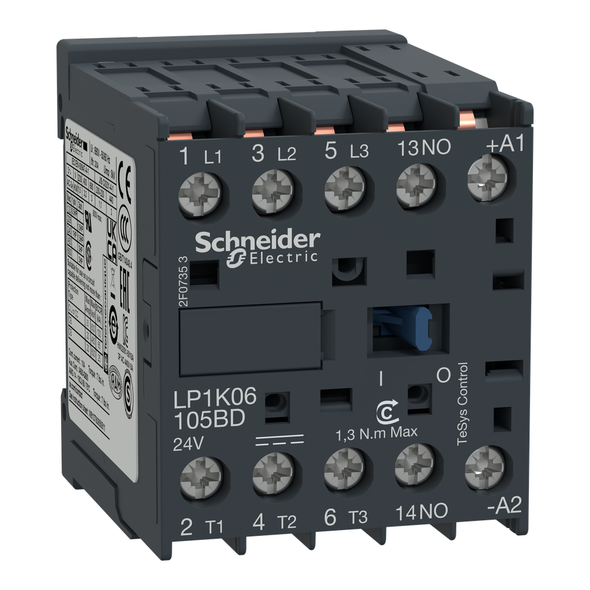 Schneider Electric LP1K12105BD Contactor, TeSys K, 3P, AC-3, lt or eq to 440V, 12A, 1 NO aux, 24VDC coil