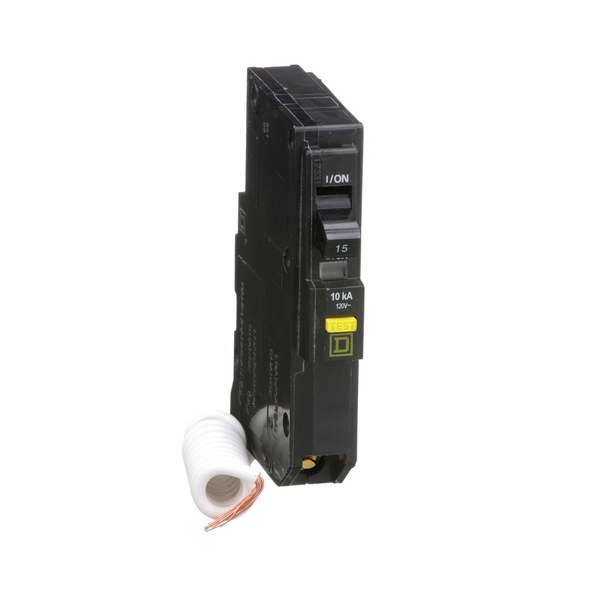 Schneider Electric QO115GFI Mini circuit breaker, QO, 15A, 1 pole, 120VAC, 10kA, plug in, 6mA grd fault A, pigtail