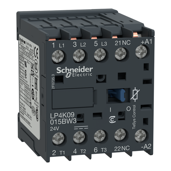 Schneider Electric LP4K09015BW3 Contactor, TeSys K, 3P, AC-3, lt or eq to 440V, 9A, 1 NC aux, 24VDC coil