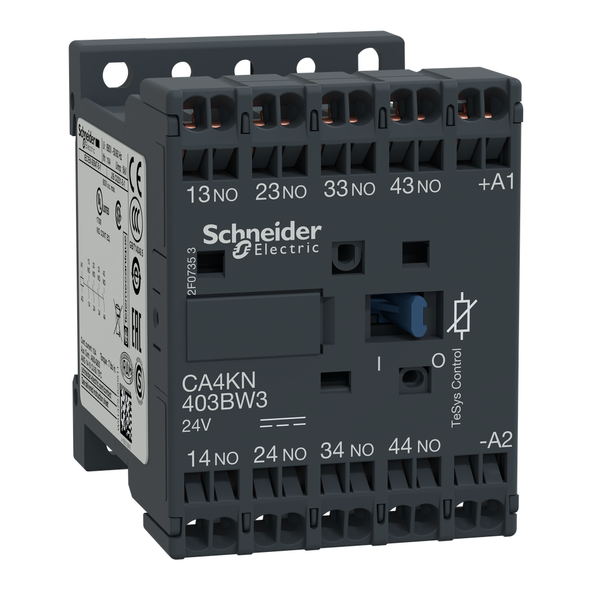 Schneider Electric CA4KN403BW3 Control relay, TeSys K, 4 NO, lt or eq to 690V, 24VDC low consumption coil