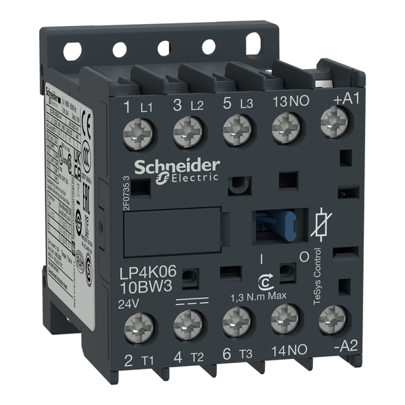 Schneider Electric LP4K0910BW3 Contactor, TeSys K, 3P, AC-3, lt or eq to 440V, 9A, 1 NO aux, 24VDC coil