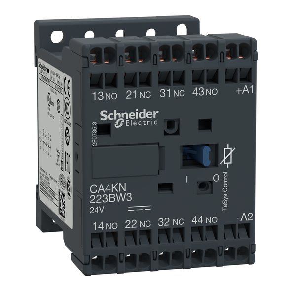 Schneider Electric CA4KN223BW3 Control relay, TeSys K, 2 NO + 2 NC, lt or eq to 690V, 24VDC low consumption coil