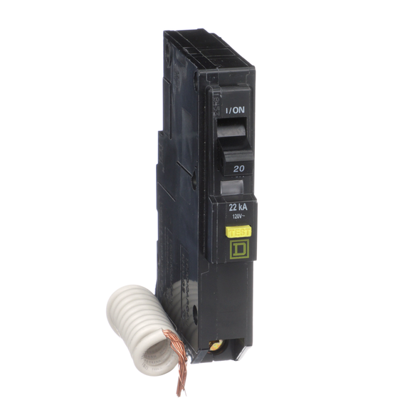 Schneider Electric QO120VHGFI Mini circuit breaker, QO, 20A, 1 pole, 120VAC, 22kA, plug in, 6mA grd fault A, pigtail