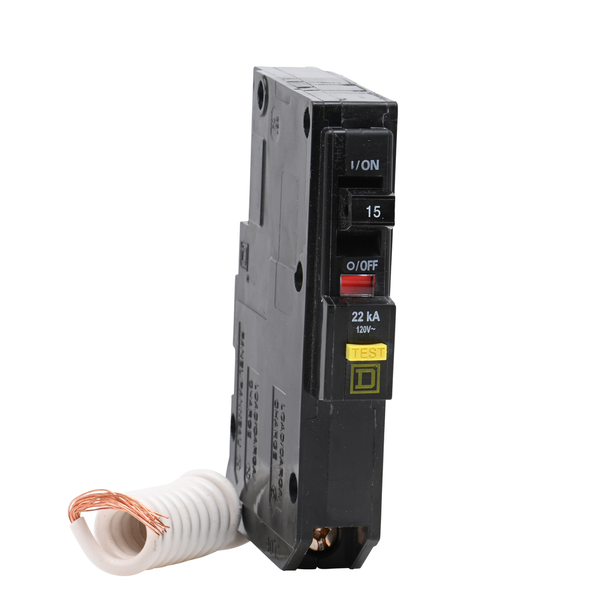 Schneider Electric QO115VHGFI Mini circuit breaker, QO, 15A, 1 pole, 120VAC, 22kA, plug in, 6mA grd fault A, pigtail