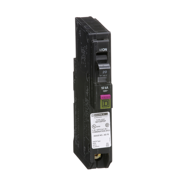 Schneider Electric QO120PDF Mini circuit breaker, QO, 20A, 1 pole, 120VAC, 10kA, plug in, dual function, plug on neutral