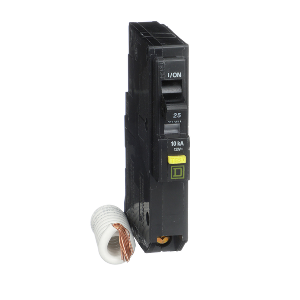 Schneider Electric QO125GFI Mini circuit breaker, QO, 25A, 1 pole, 120VAC, 10kA, plug in, 6mA grd fault A, pigtail