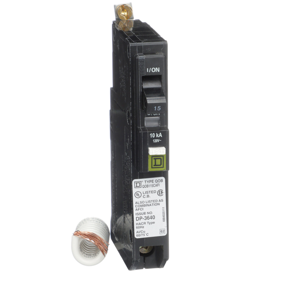 Schneider Electric QOB115CAFI Mini circuit breaker, QO, 15A, 1 pole, 120VAC, 10kA, bolt on, combo ARC fault, pigtail