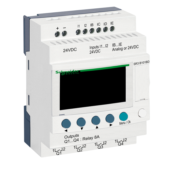 Schneider Electric SR3B101BD modular smart relay, Zelio Logic SR2 SR3, 10 IO, 24V DC, clock, display, 4 relay outputs