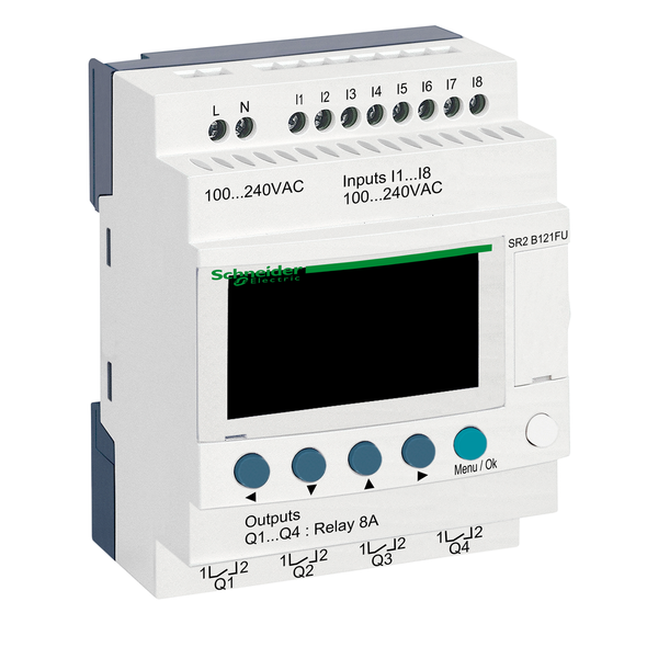 Schneider Electric SR2B121FU compact smart relay, Zelio Logic SR2 SR3, 12 IO, 100 to 240V AC, clock, display