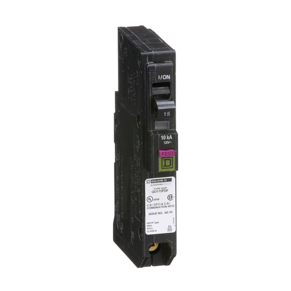 Schneider Electric QO115PDF Mini circuit breaker, QO, 15A, 1 pole, 120VAC, 10kA, plug in, dual function, plug on neutral